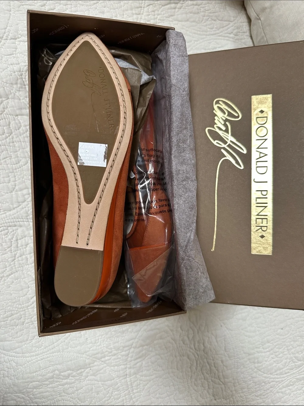NIB Donald J Pliner Nerina Orange Suede Lucite Demi-Wedge Flats